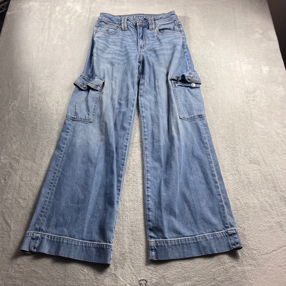 American Eagle Super High-Rise Baggy Wide Leg Cargo Jeans Blue Womens Size 2 Reg